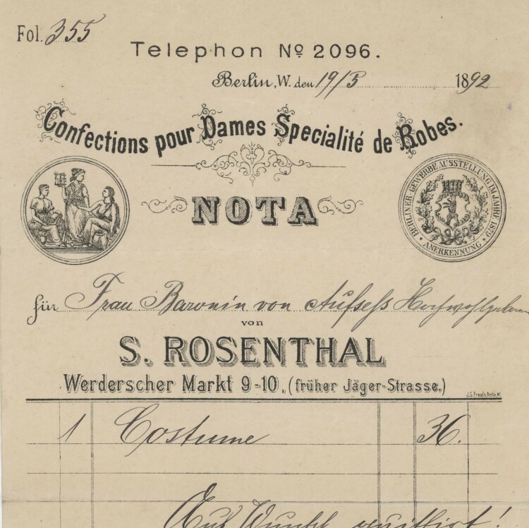 Baronin von und zu Aufsess - Rechnung - 19.05.1892