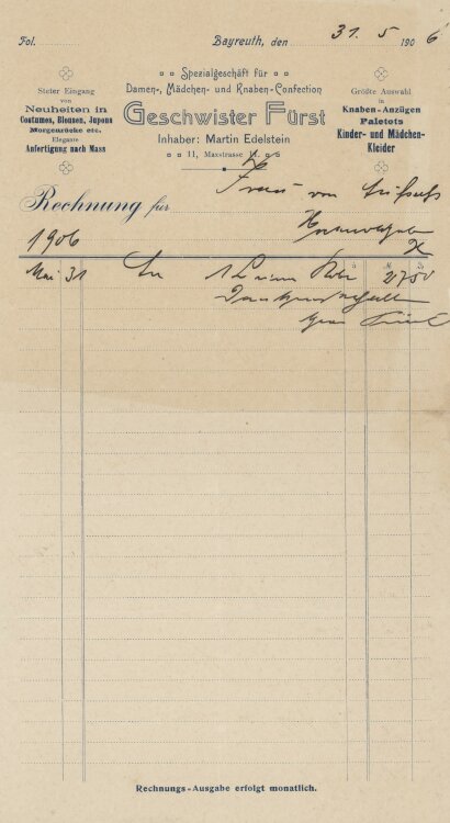 Baronin von und zu Aufsess - Rechnung - 31.05.1906