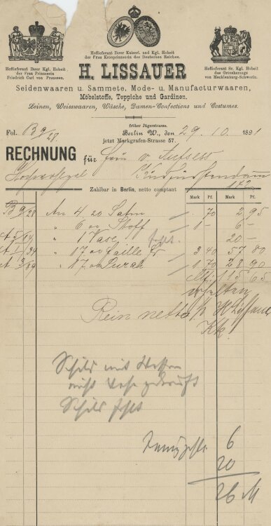 Baronin von und zu Aufsess - Rechnung - 29.10.1891