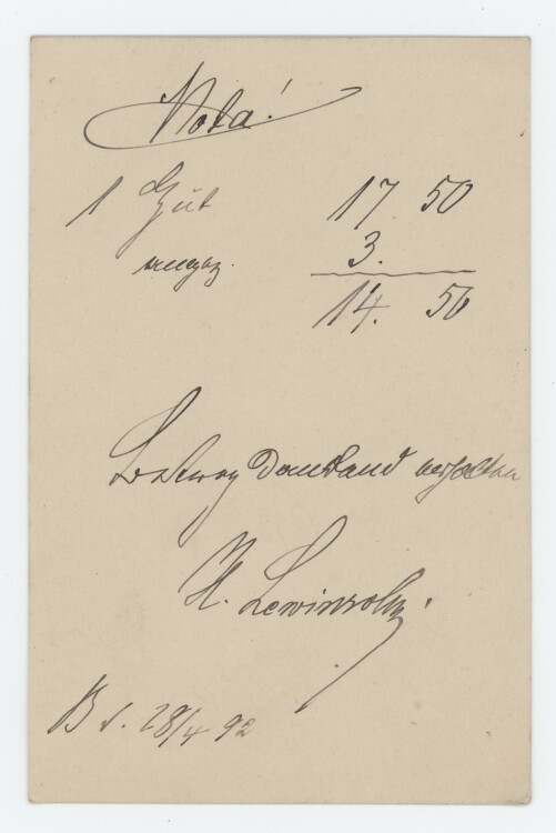 Otto von und zu Aufsess - Rechnung - 28.04.1892