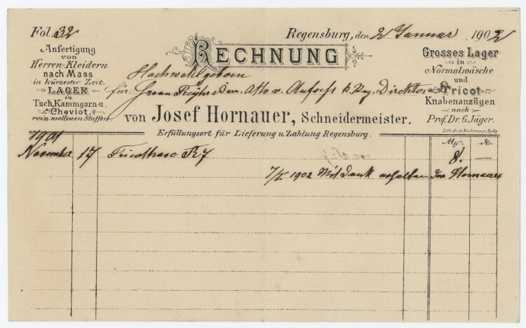 Otto von und zu Aufsess - Rechnung - 02.01.1902