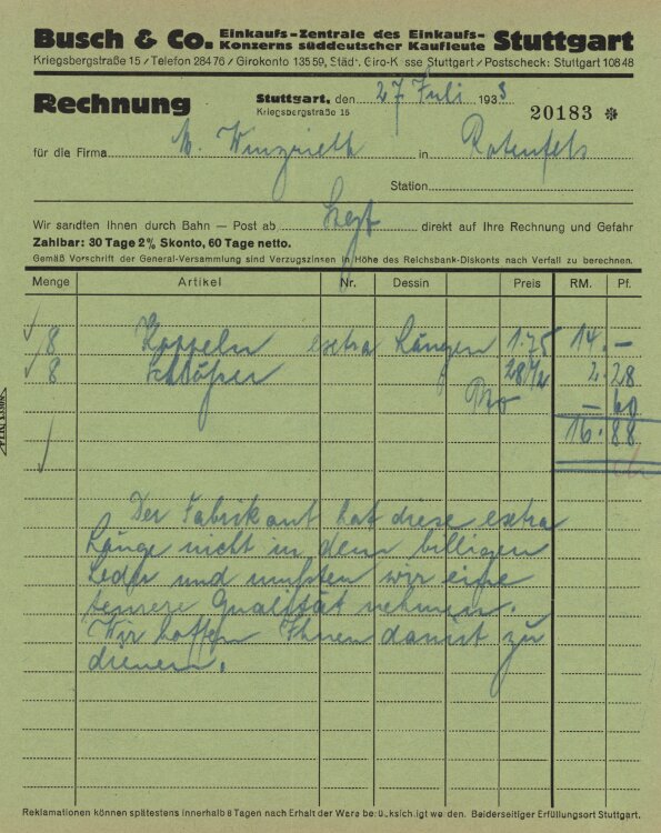 Firma M. Winzrieth (Kaufhaus) - Rechnung - 27.07.1933