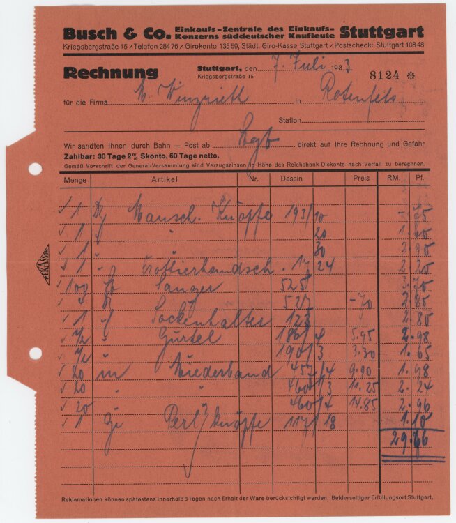 Firma M. Winzrieth (Kaufhaus) - Rechnung - 07.07.1933