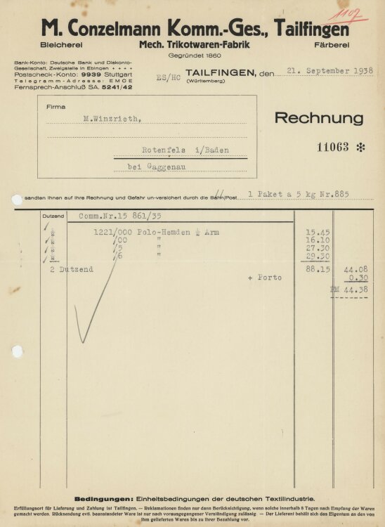 Firma M. Winzrieth (Kaufhaus) - Rechnung - 21.09.1938
