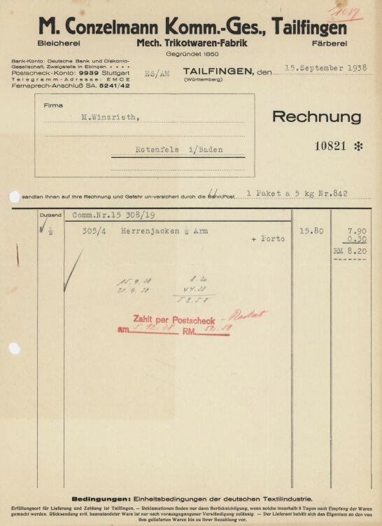 Firma M. Winzrieth (Kaufhaus) - Rechnung - 15.09.1938