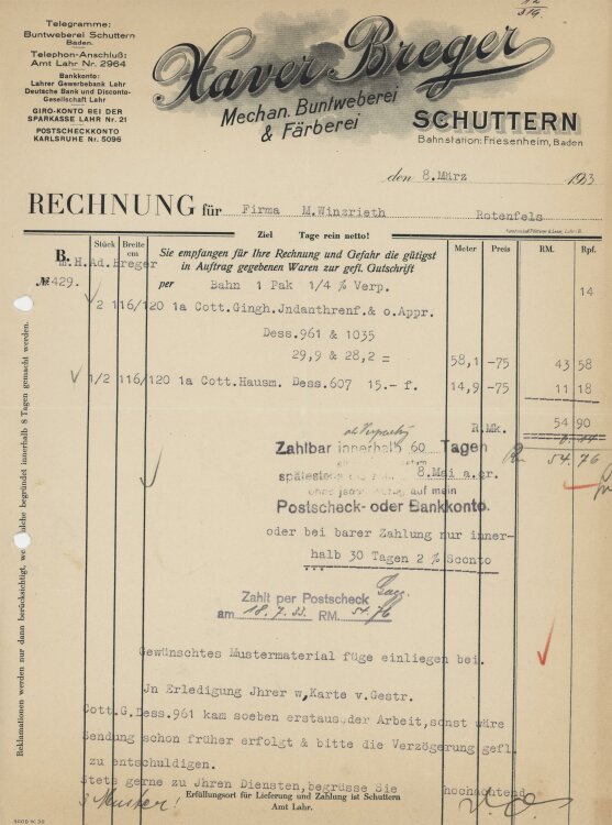 Firma M. Winzrieth (Kaufhaus) - Rechnung - 08.03.1933