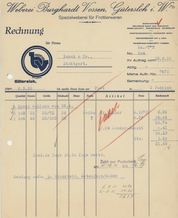 Firma M. Winzrieth (Kaufhaus) - Rechnung - 23.08.1933