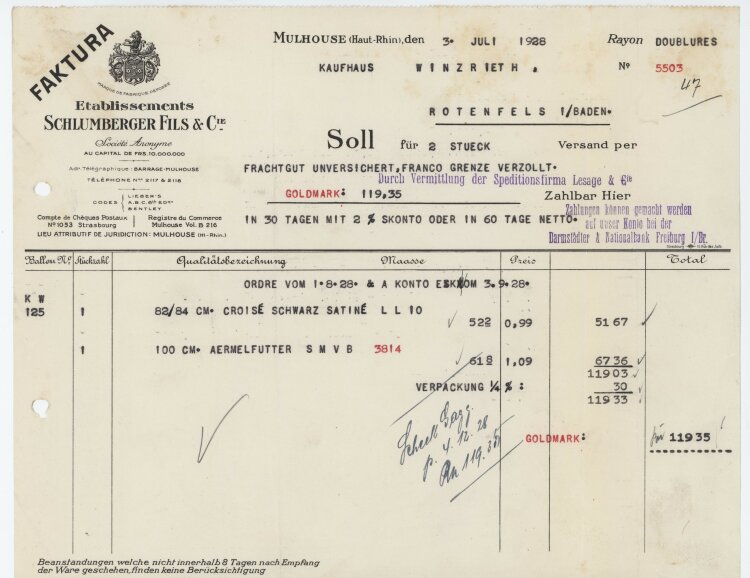 Firma M. Winzrieth (Kaufhaus) - Rechnung - 03.07.1928