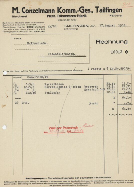Firma M. Winzrieth (Kaufhaus) - Rechnung - 17.08.1938