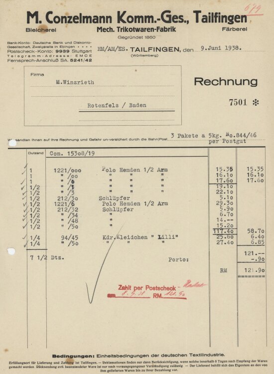 Firma M. Winzrieth (Kaufhaus) - Rechnung - 09.06.1938