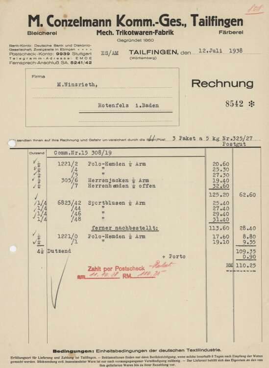 Firma M. Winzrieth (Kaufhaus) - Rechnung - 12.07.1938
