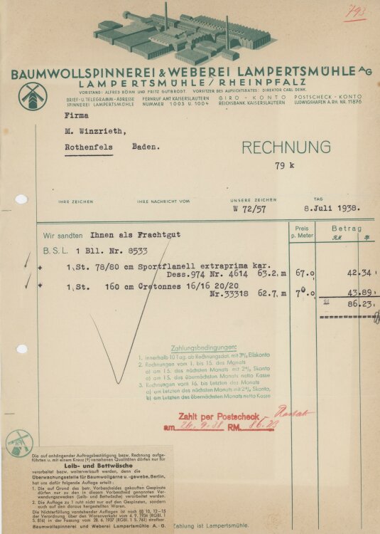Firma M. Winzrieth (Kaufhaus) - Rechnung - 08.07.1938