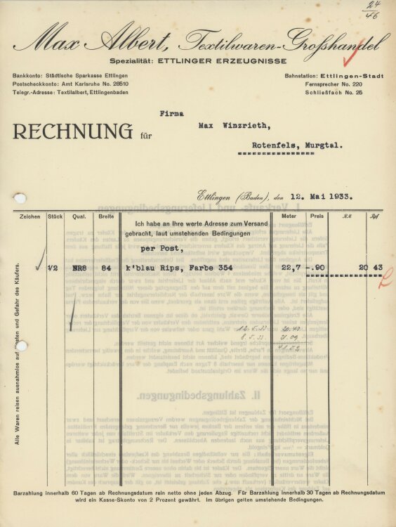 Firma M. Winzrieth (Kaufhaus) - Rechnung - 26.04.1933