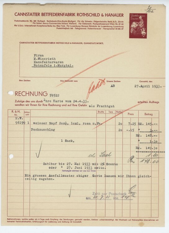 Firma M. Winzrieth (Kaufhaus) - Rechnung - 27.03.1933