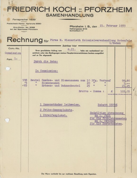 Firma M. Winzrieth (Kaufhaus) - Rechnung - 21.02.1933
