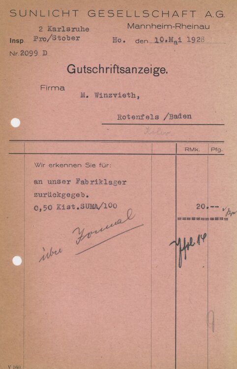Firma M. Winzrieth (Kaufhaus) - Gutschrift - 10.05.1928