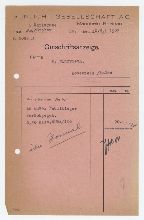 Firma M. Winzrieth (Kaufhaus) - Gutschrift - 10.05.1928