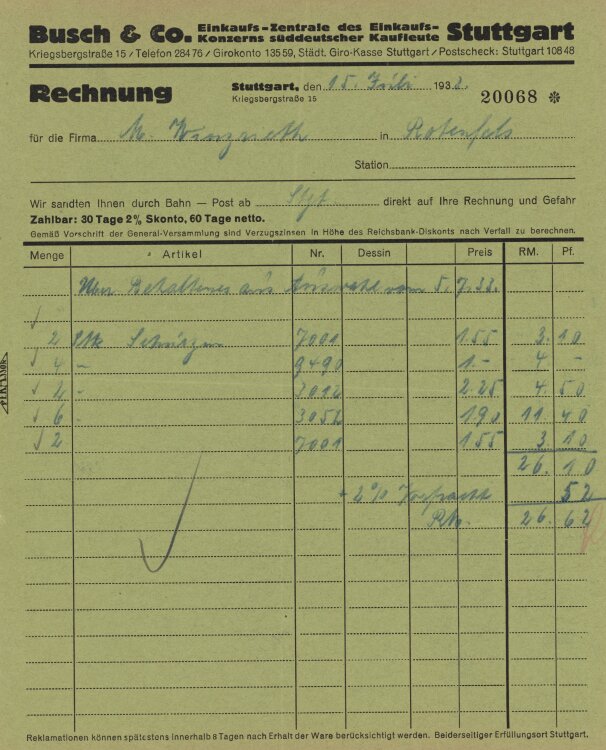 Firma M. Winzrieth (Kaufhaus) - Rechnung - 15.07.1933