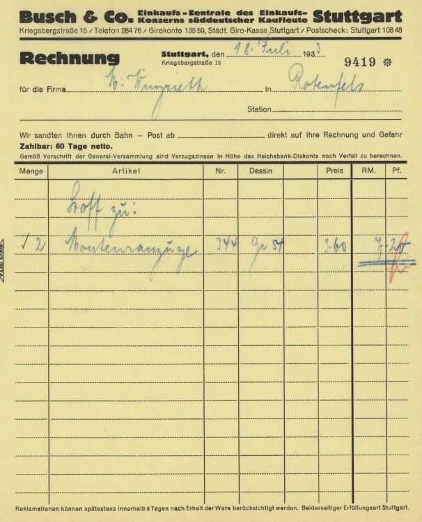 Firma M. Winzrieth (Kaufhaus) - Rechnung - 18.07.1933