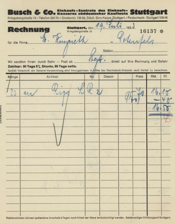 Firma M. Winzrieth (Kaufhaus) - Rechnung - 19.07.1933