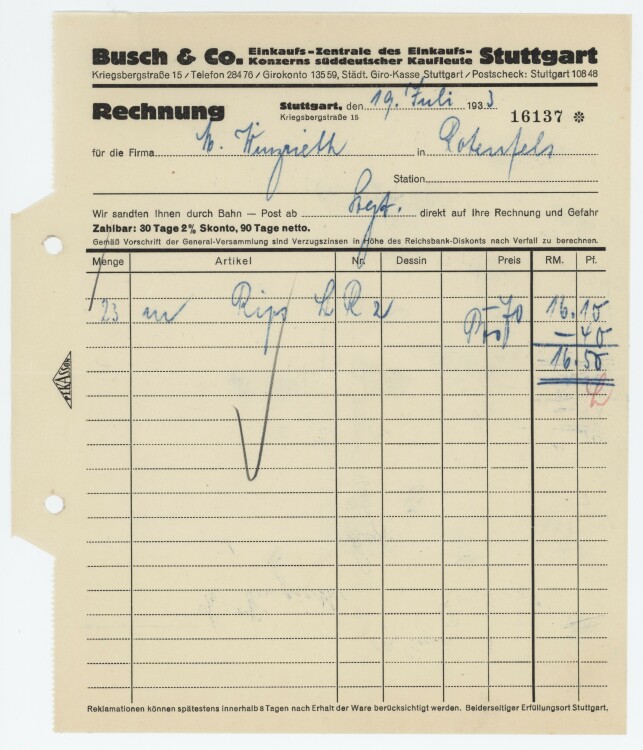 Firma M. Winzrieth (Kaufhaus) - Rechnung - 19.07.1933
