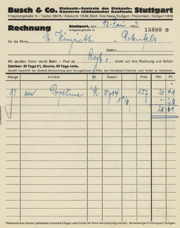 Firma M. Winzrieth (Kaufhaus) - Rechnung - 12.06.1933