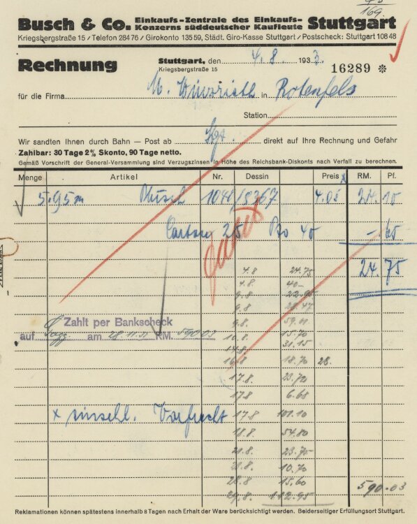 Firma M. Winzrieth (Kaufhaus) - Rechnung - 04.08.1933