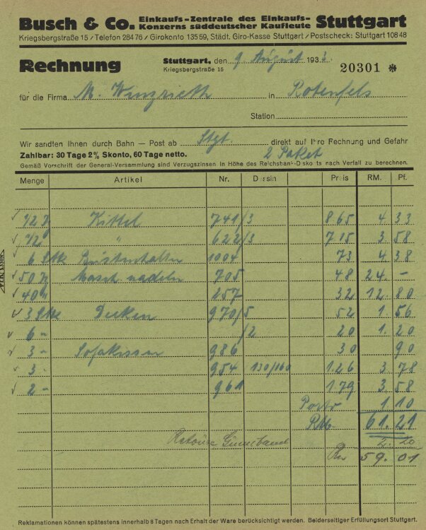 Firma M. Winzrieth (Kaufhaus) - Rechnung - 09.08.1933