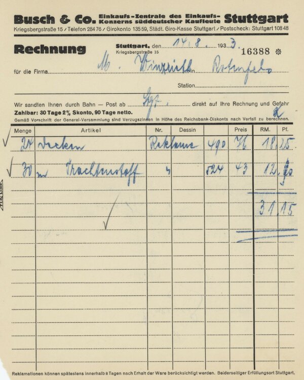 Firma M. Winzrieth (Kaufhaus) - Rechnung - 14.08.1933