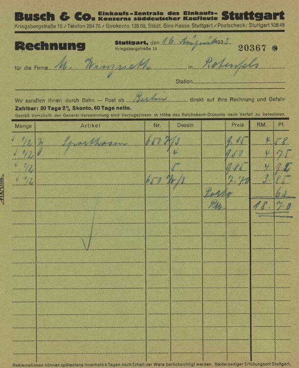 Firma M. Winzrieth (Kaufhaus) - Rechnung - 16.08.1933