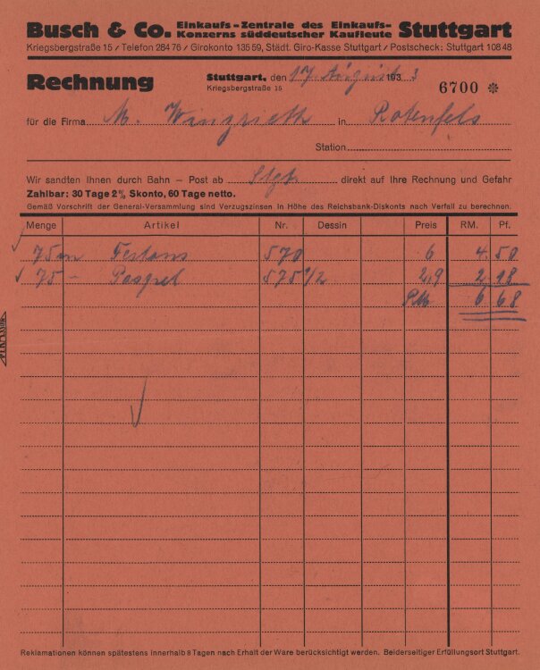 Firma M. Winzrieth (Kaufhaus) - Rechnung - 17.08.1933
