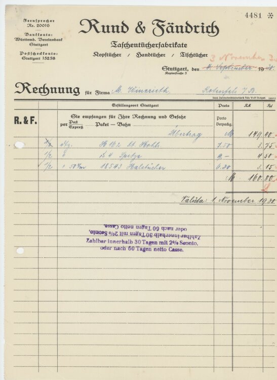 Firma M. Winzrieth (Kaufhaus) - Rechnung - 03.11.1930