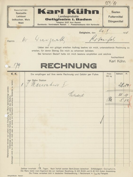 Firma M. Winzrieth (Kaufhaus) - Rechnung - 20.01.1931