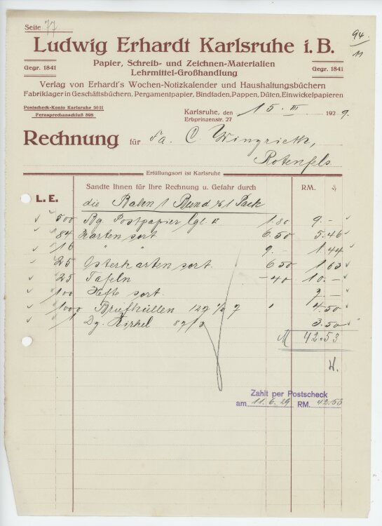 Firma M. Winzrieth (Kaufhaus) - Rechnung - 15.03.1929