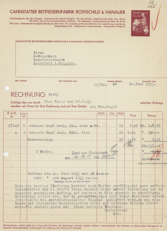 Firma M. Winzrieth (Kaufhaus) - Rechnung - 20.06.1933
