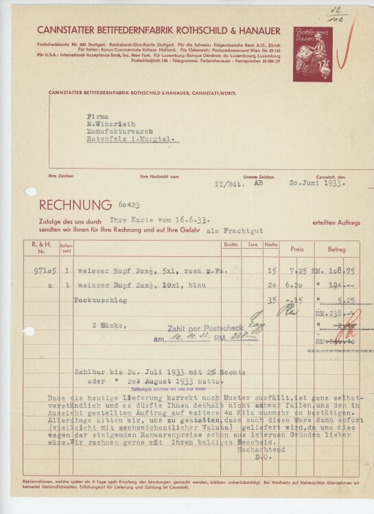 Firma M. Winzrieth (Kaufhaus) - Rechnung - 20.06.1933