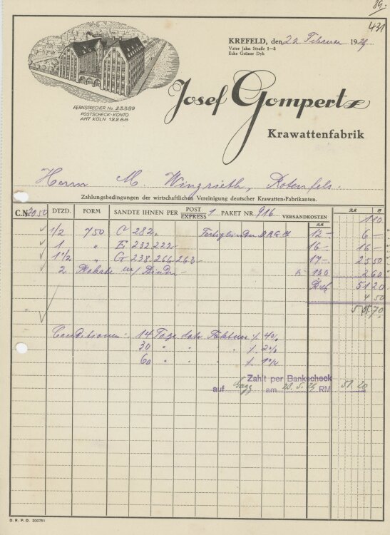 Firma M. Winzrieth (Kaufhaus) - Rechnung - 22.02.1929