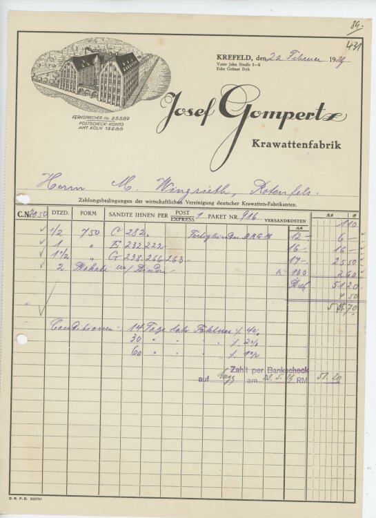Firma M. Winzrieth (Kaufhaus) - Rechnung - 22.02.1929