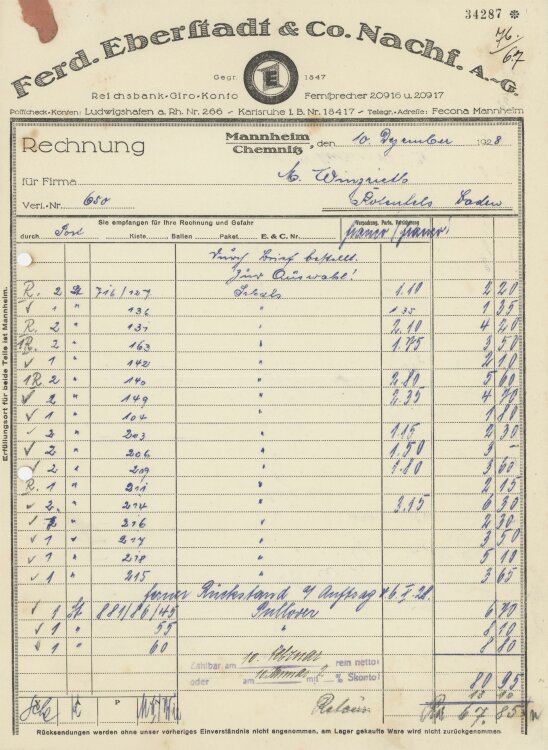 Firma M. Winzrieth (Kaufhaus) - Rechnung - 10.12.1928