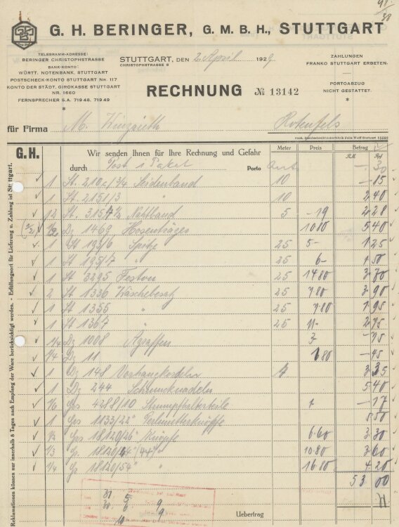 Firma M. Winzrieth (Kaufhaus) - Rechnung - 02.04.1929