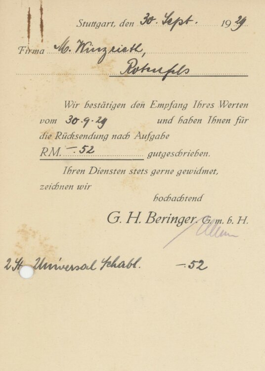 Firma M. Winzrieth (Kaufhaus) - Rechnung - 30.09.1929