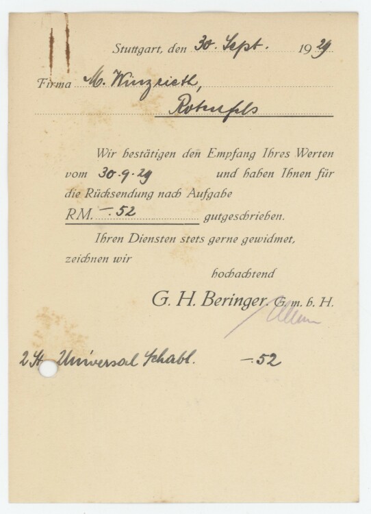 Firma M. Winzrieth (Kaufhaus) - Rechnung - 30.09.1929