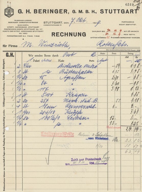 Firma M. Winzrieth (Kaufhaus) - Rechnung - 07.10.1929