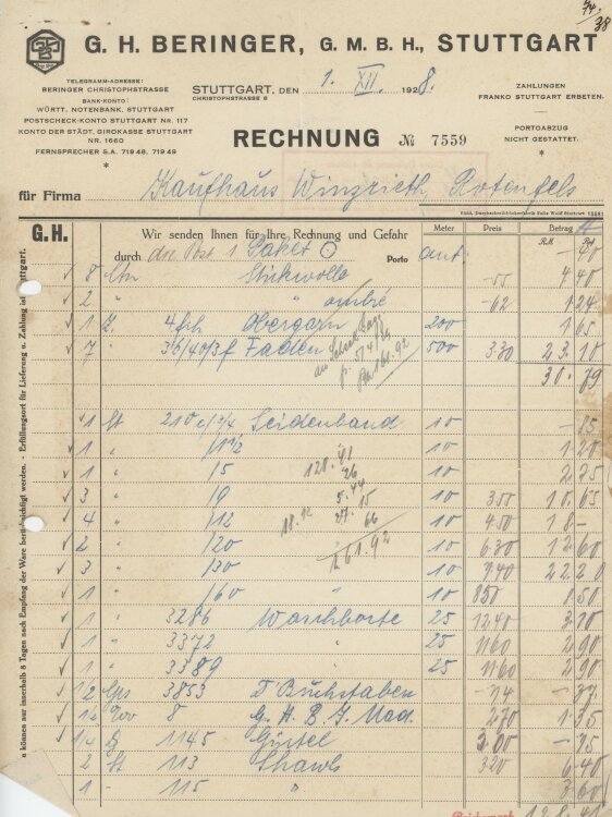 Firma M. Winzrieth (Kaufhaus) - Rechnung - 01.12.1928