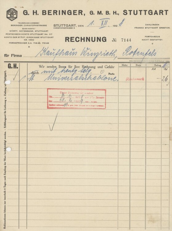 Firma M. Winzrieth (Kaufhaus) - Rechnung - 01.12.1928