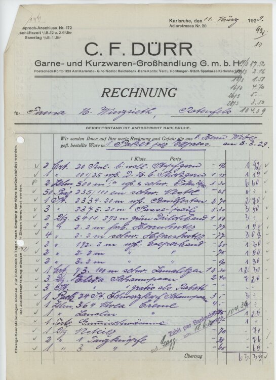 Firma M. Winzrieth (Kaufhaus) - Rechnung - 11.03.1929