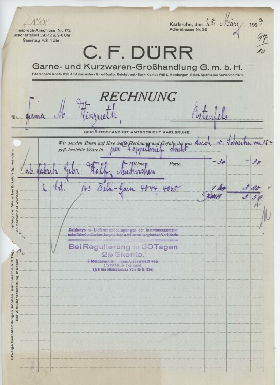 Firma M. Winzrieth (Kaufhaus) - Rechnung - 28.03.1929