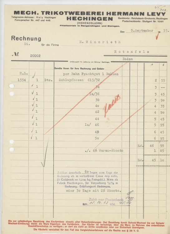Firma M. Winzrieth (Kaufhaus) - Rechnung - 05.09.1933
