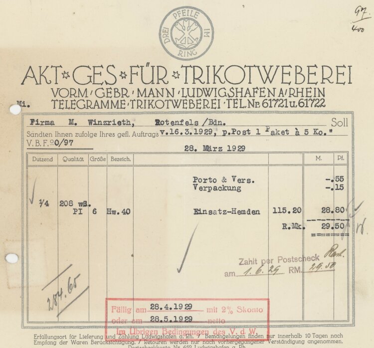 Firma M. Winzrieth (Kaufhaus) - Rechnung - 28.04.1929