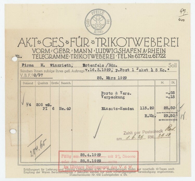 Firma M. Winzrieth (Kaufhaus) - Rechnung - 28.04.1929